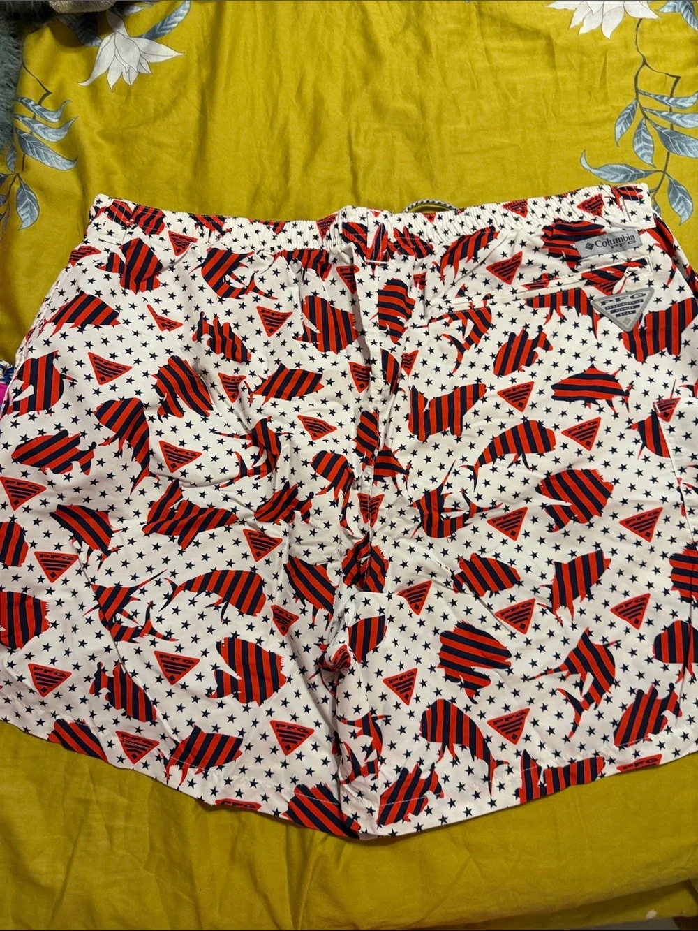 Men’s Columbia PFG White Shorts with Red & Black Stripes - Patriotic Star Print